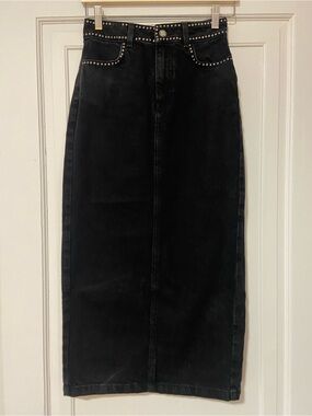 Zara Black Stud-Trim Pencil Denim Skirt